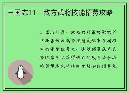三国志11：敌方武将技能招募攻略