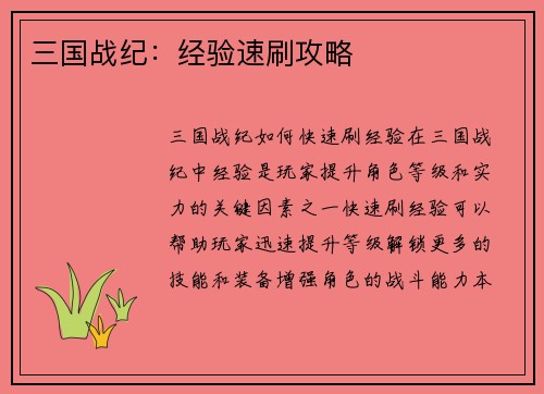 三国战纪：经验速刷攻略